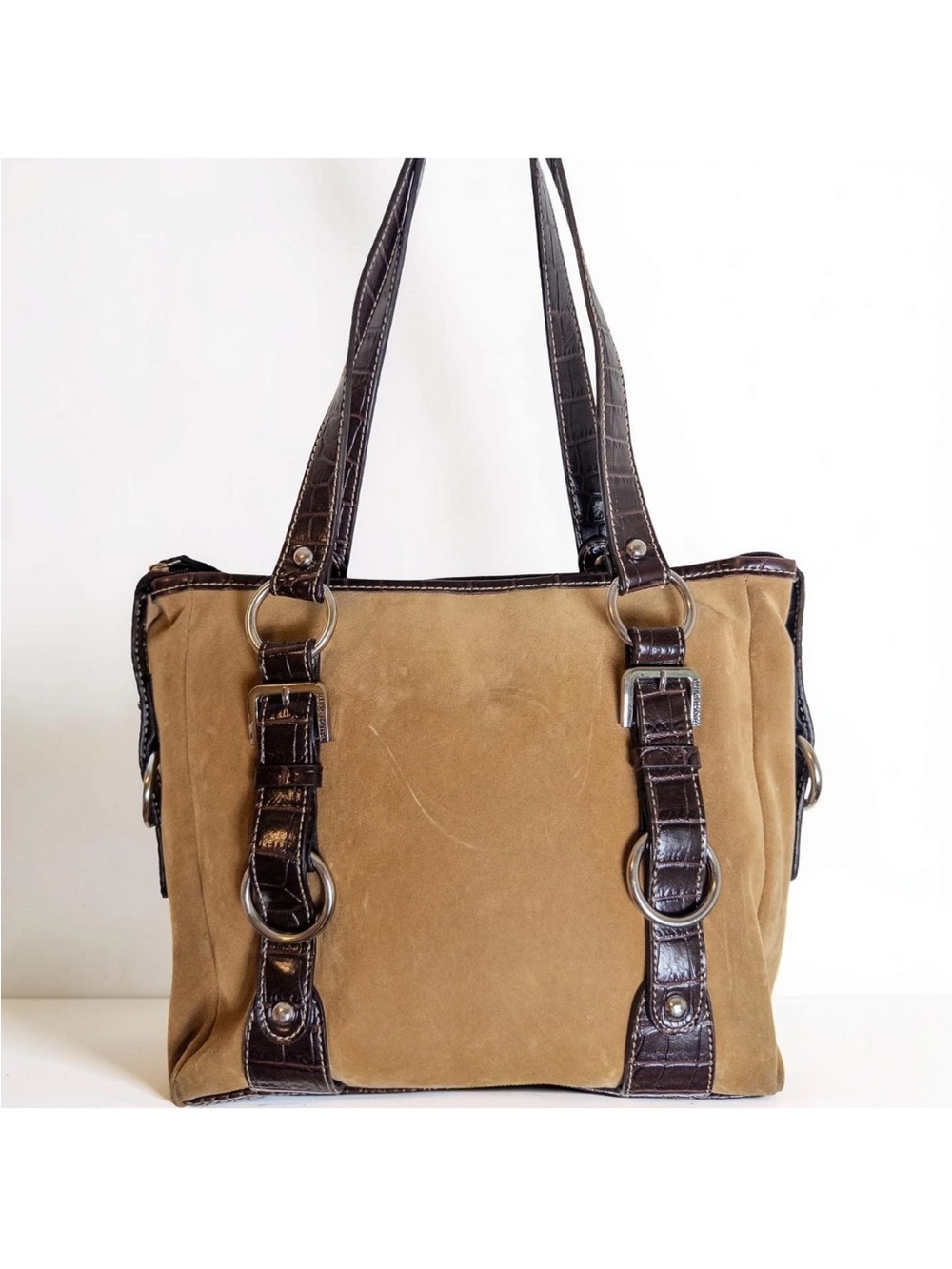 Y2K Franco Sarto Suede Gator Embossed Shoulder Bag Brown Tote - Picture 2 of 11